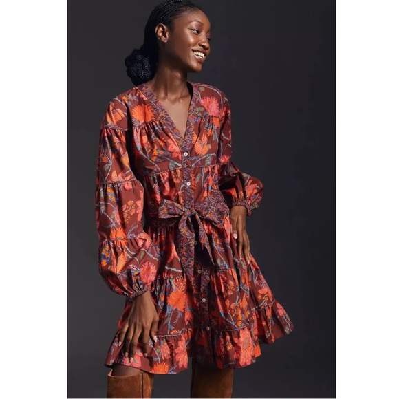 FARM RIO PETITE ANTHRO Floral Bird Printed Belted Puff Sleeve Tiered Mini Dress - Picture 6 of 17